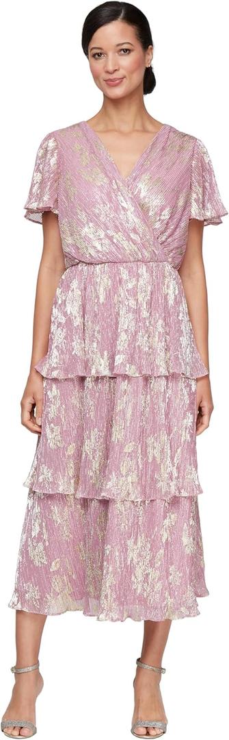 S.L. Fashions Women's Short Sleeve V-Neck Midi Cocktail Dress W/Ruched Waist, Wedding Guest Gown (Petite and Regular Size 16