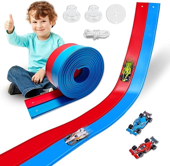 Flexible Race Track Toys for Kids 15 Ft with 4 Cars & Suction Cups, Portable Double Lane Racetrack Compatible with Hot Wheels & 1/64 Diecast Cars, Fun Car Ramp Track Set for Ages 3+(Blue & Red)