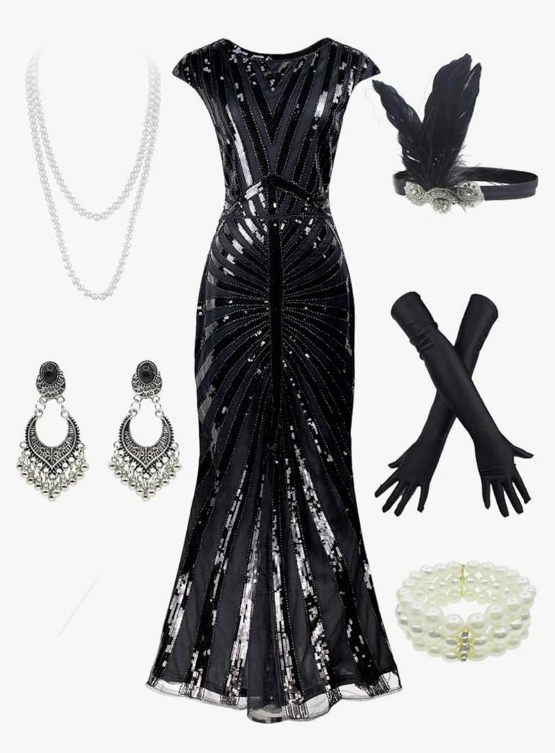 Women 1920S Gatsby Sequin Mermaid Formal Evening Dress with 20s Accessories Costume L Women 1920S Gatsby Sequin Mermaid Formal Evening Dress with 20s Accessories Costume L