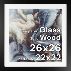 Frame Amo 26x26 Black Solid Wood Poster Frame, White Mat for 22x22 Image, Tempered Glass Front, 1.5 inch Wide, 1 inch Thick, High-End, Heavy-Duty, Gallery Grade & Acid-Free