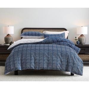 SLEEPBELLA Navy and White Duvet Cover Set, 100% Cotton Bedding, Chevron Geometric Pattern, with Button Closure (3pcs, Twin Size)