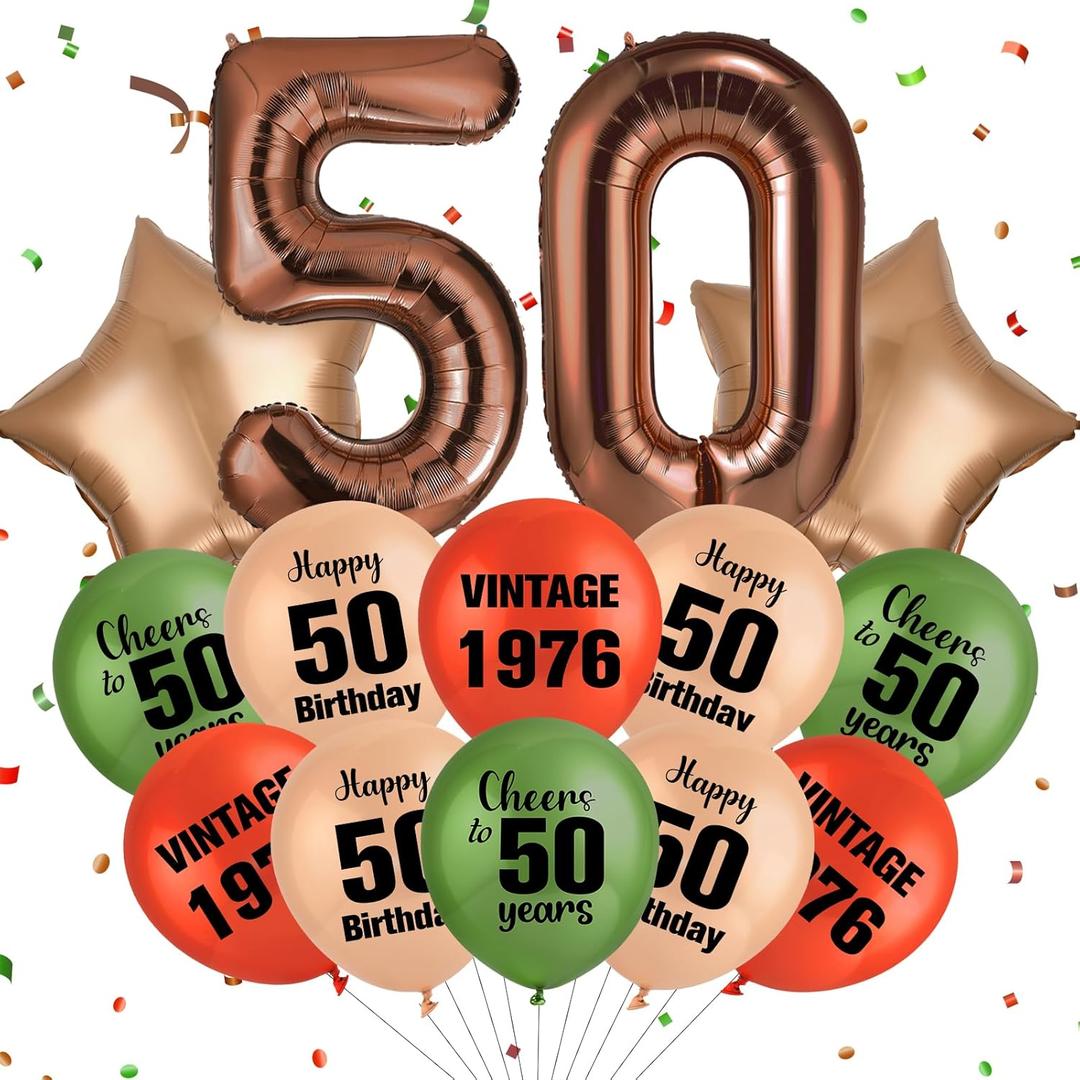 50th Birthday Decorations for Men Women Vintage 1976 50th Birthday Balloons with 32 Inch Coffee Brown Number 50 Retro Boho Sage Green Burnt Orange Boho Party Supplies Gifts for Him Her