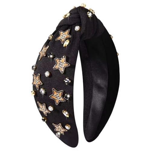 PHALIN New Year Headband for Women New Year’s Eve Headband Accessories Top Hat Clock Star Knotted Headbands Jeweled Rhinestone Pearl Top Knot Headbands Party Favors Gifts (Pattern A)