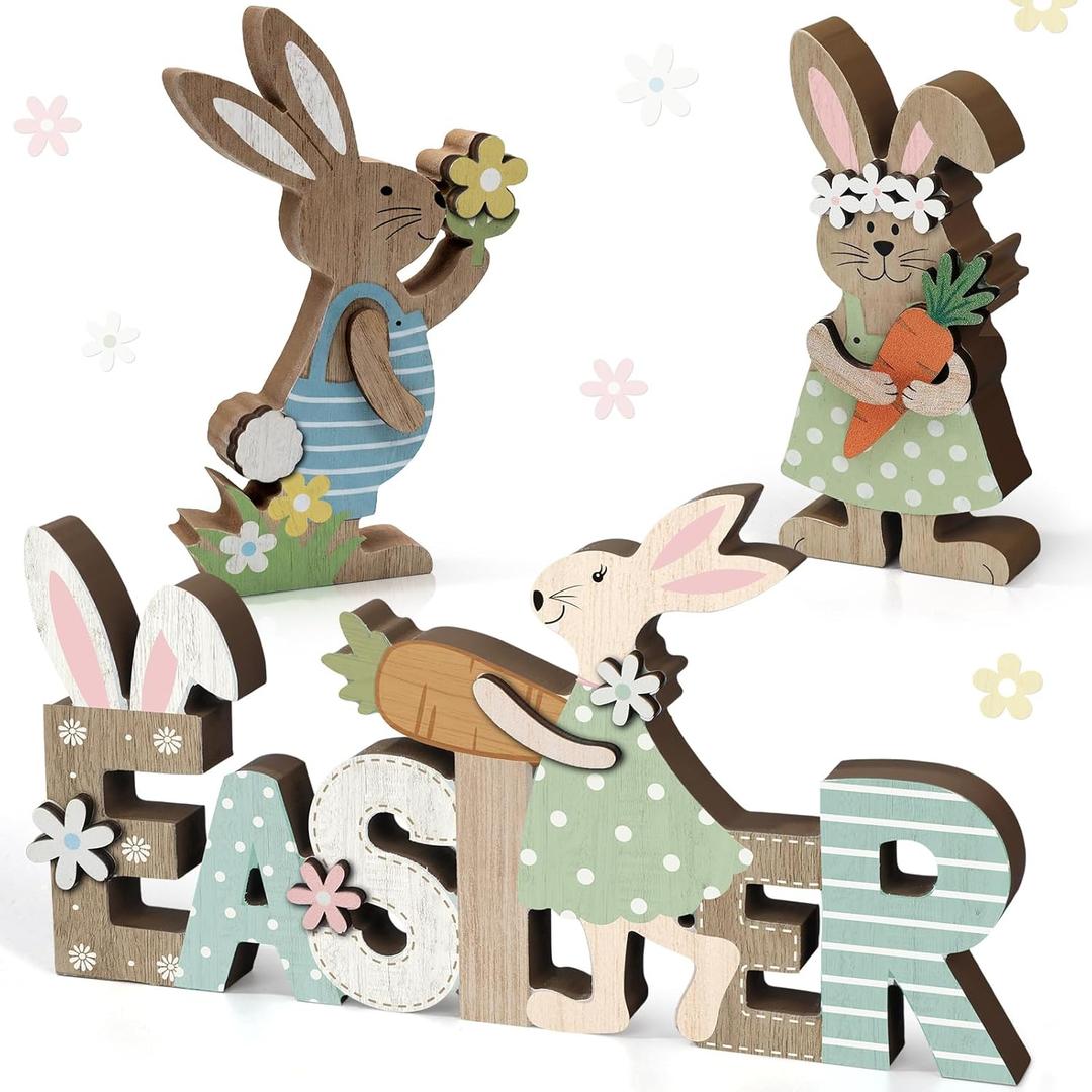 Capoda 3 Pcs Easter Decoration for Home Wooden Easter Bunny Table sign Farmhouse Bunny Table Centerpiece Rustic Rabbit Tiered Tray Decor for Spring Home Office Desk Shelf Mantel