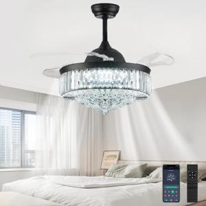 48'' Fandelier Ceiling Fan with Light, Retractable Fan, Black | app & remote control, dimmable 3CCT LED, 6-speed quiet DC motor, memory and timer, suitable for living room/bedroom/dining