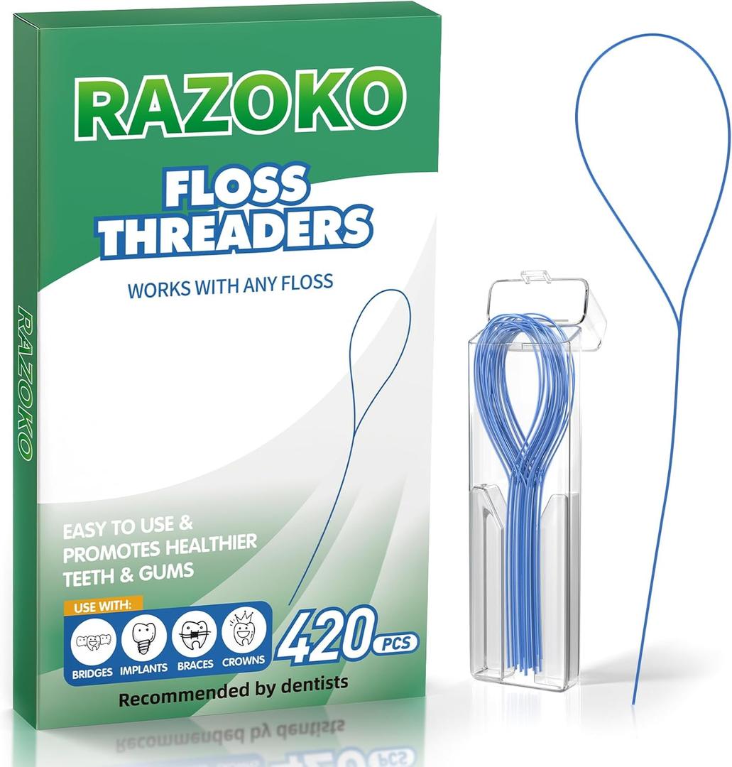 RAZOKO Dental Floss Threaders for Braces, Bridges, Implants & Crowns | Nylon Floss Threaders for Orthodontic Care | 420 Count (6 Packs) with Travel Case