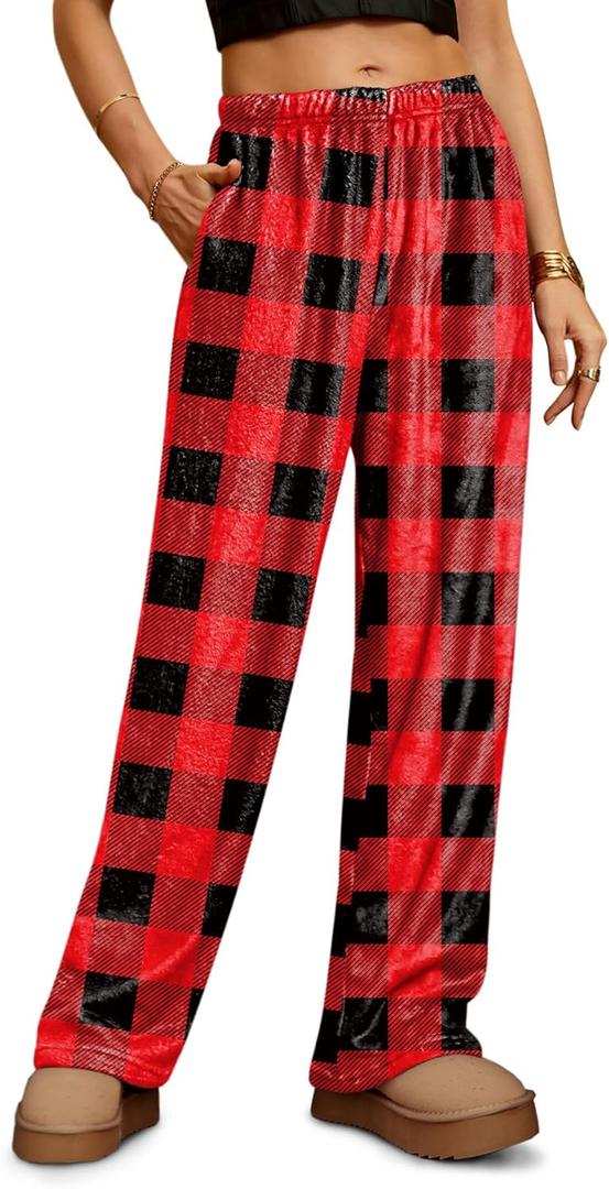 Women's Christmas Fleece Winter Warm Elastic Waist Funny Holiday Xmas Lady Pants Buffalo Plaid with Pocket L