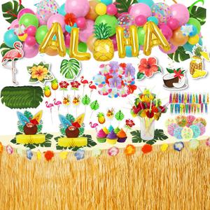 153Pcs Hawaiian Aloha Luau Party Decorations, Tropical Summer Beach Birthday Supplies Grass Table Skirt Hanging Swirl Aloha Balloon Garland Honeycomb Centerpiece Hibiscus Palm Leaves Straws CakeTopper