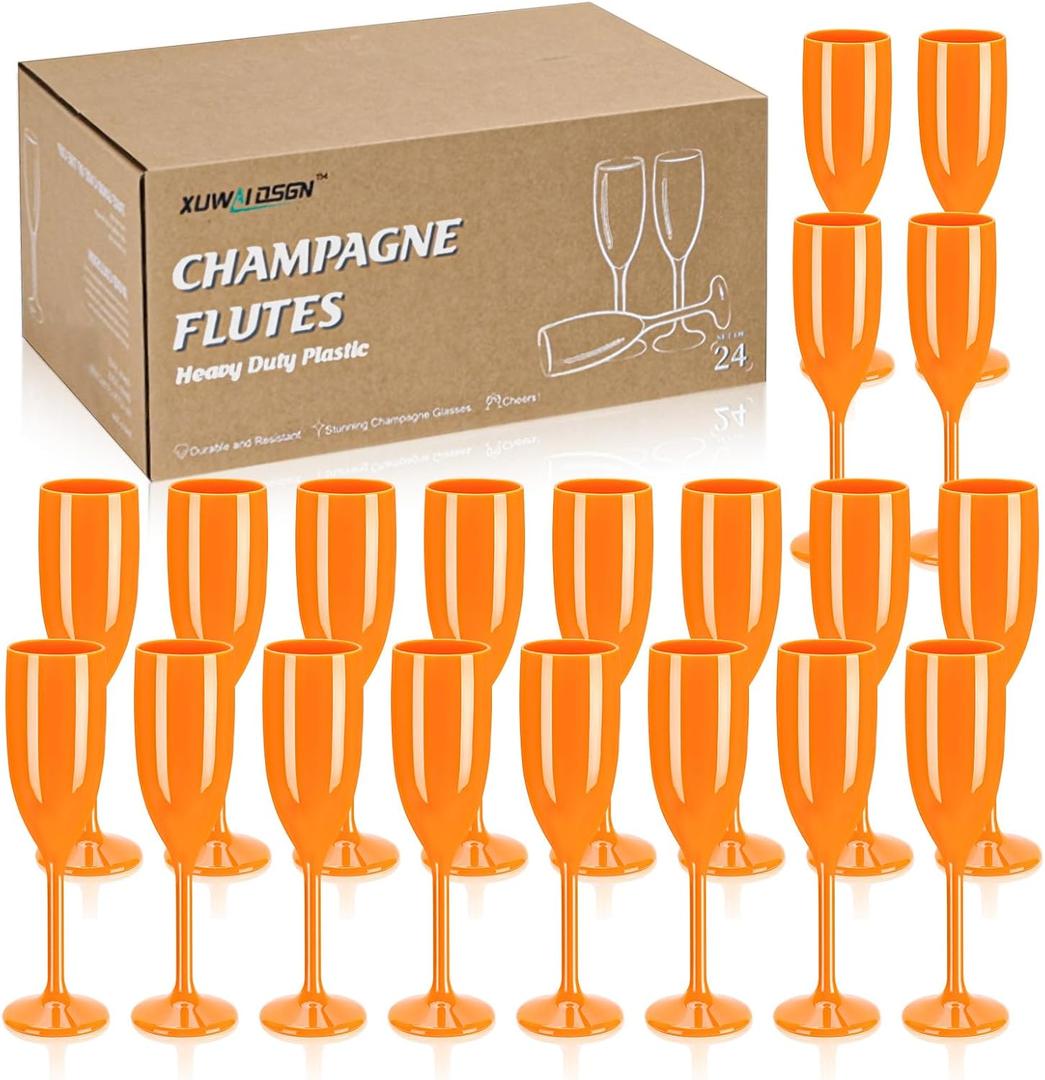 XUWAIDSGN Acrylic Champagne Flutes Toasting Glasses Unbreakable Mimosa Bar Reusable Wine Glasses Vintage Champagne Flutes Stemmed Drinking Cups 5.4 OZ for Christmas Birthday (24, Orange), 10