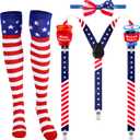 Syhood 4 Pieces Patriotic Accessories Set, Include Red White and Blue Patriotic Y Back Suspender with Cups, American Flag Bowtie and Knee Socks for Halloween July 4th Party Celebration Party