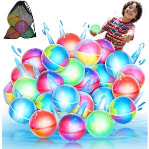 24 PackMagnetic Reusable Water Balloons, Fast Self-Sealing for Kids Adults Latex-Free Silicone Quick Easy Auto Fill Bomb Ball, Refillable Pool Beach Outdoor Activities Games Toy Summer Fun Splash