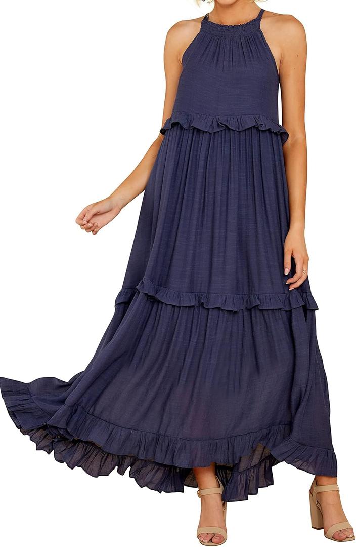 R.Vivimos Womens Summer Dress Sleeveless Halter Layered Ruffles Casual Boho Flowy Maxi Dress (Small, Navyblue)