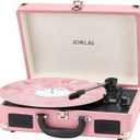 Vinyl Record Player 3 Speed Turntable with Bluetooth, Built in Battery, Portable Suitcase, Built in Speakers, 3.5mm Headphone Jack Aux in/RCA Out Pink for Home Decoration Gift