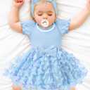 Qaoerde Baby Girl Dress Puff Sleeve Tutu Dress Butterfly Tulle Dress Flower Girl Birthday Party Princess Dresses (Blue)