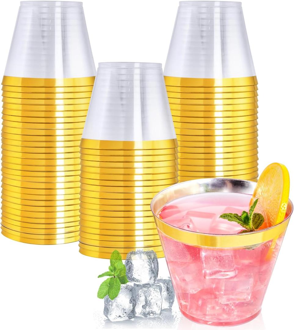 60PCS Gold Plastic Cups, 9 oz Clear Disposable Cups with Golden Trim, Heavy-Duty Disposable Hard Plastic Wine Glasses Cocktail Glasses Perfect for Party & Wedding
