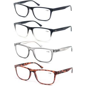 Reading Glasses for Men +3.75 Oversized Large Square Men's Readers 4 Pack Lightweight Wide Cheaters Glasses w/Spring Hinges (Black/Black+clear/Tortoiseshell/Transparent Gray)