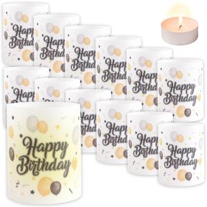 Lantern Table Decoration, 12 PCS Happy Birthday Table Decoration Candle Covers for Table Decorations Confirmation Birthday Wedding Decorations (Black Gold Balloon)