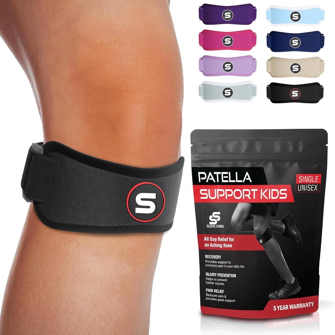 Sleeve Stars Swedish Brand Patellar Tendon Support Strap for Women & Men Effective Osgood Schlatter Knee Brace Youth & Kids Knee Brace with 3 Adjustable Length fits 7"-15" (Single/Black/Kids)