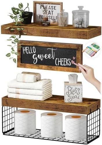 QEEIG Bathroom Shelves Over Toilet - Paper Storage Wall Mounted Farmhouse Decor Decorations Chalkboard Small Floating Shelf 2+1 Set 16 inch, Rustic Brown (021BN)