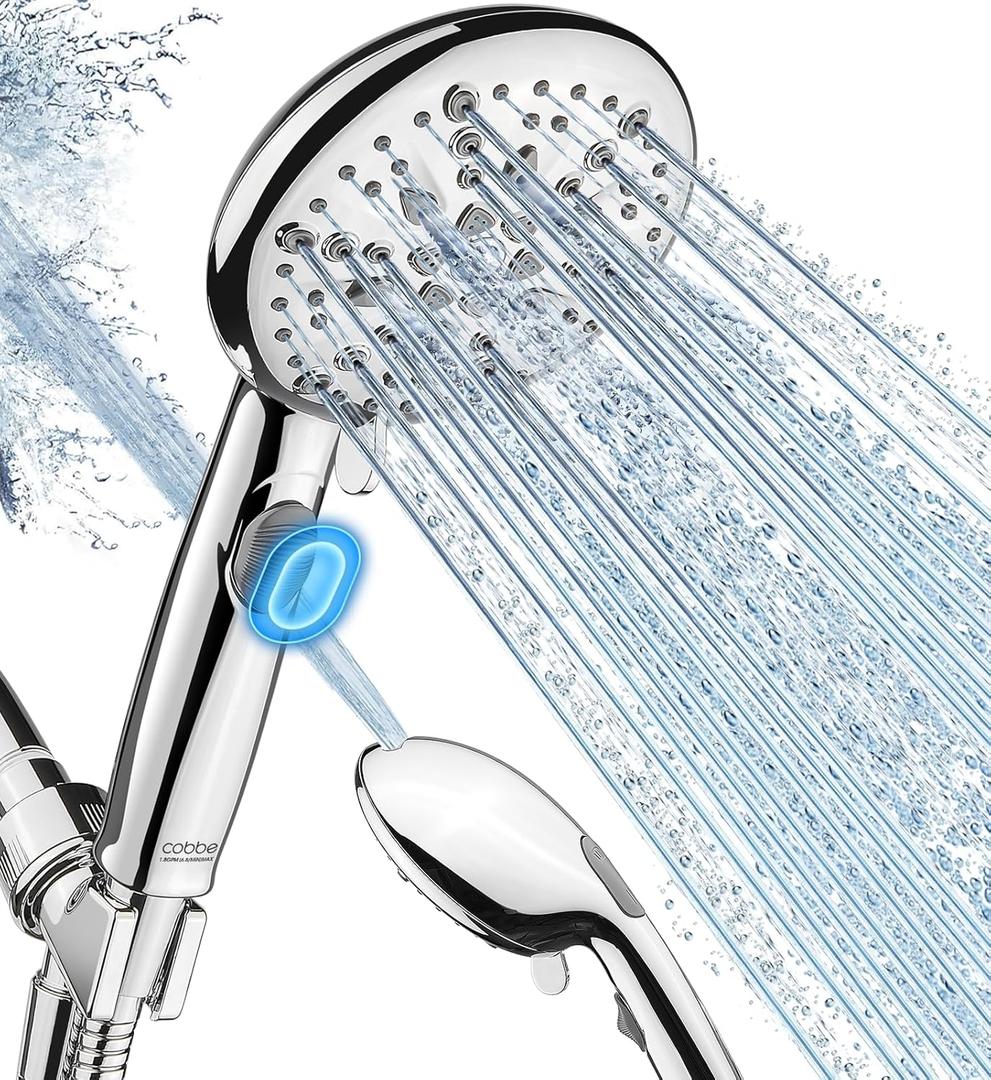 Cobbe 9-Function Shower Head with Built-in Power Spray, 1.8 GPM Water Saving ON/OFF Toggle Switch, High Pressure Handheld Showerhead with 1-Click Pause Button, Brass Bracket & 6ft Hose, Chrome
