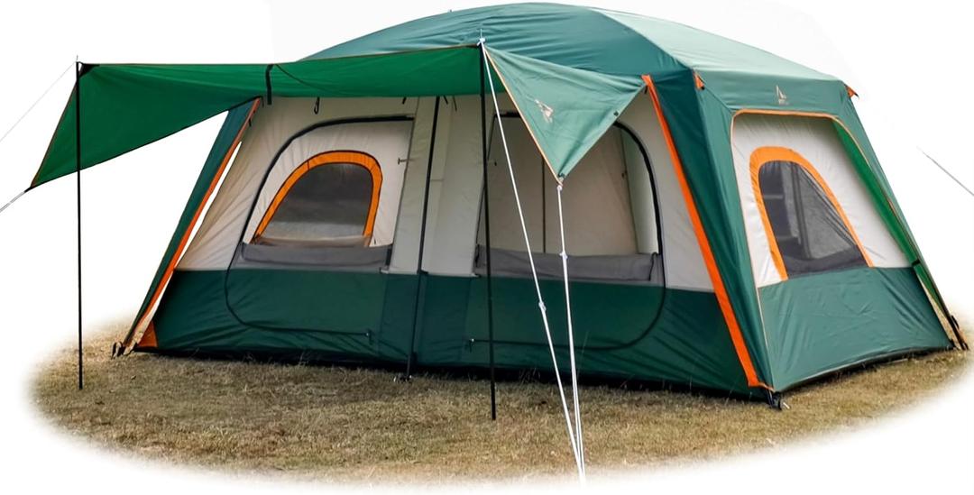 KTT Large Tent 8-10 Person,Family Cabin Tents,2 Rooms,2 Doors and 4 Windows with Mesh,Straight Wall,Waterproof,Double Layer,Big Tents for Outdoor,Picnic,Camping,Family Gathering(Green)