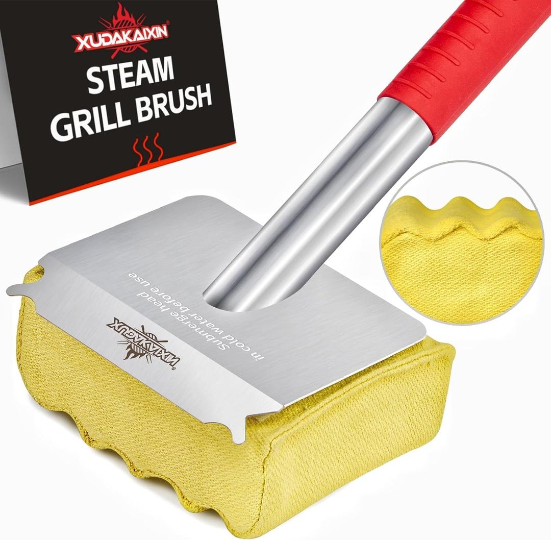 XUDAKAIXIN Grill Brush Bristle Free,Aramid Fiber Wavy Pad Seamless-Fit Cast Iron/Stainless-Steel Grates,BBQ Replaceable Scraper Cleaning Head,Safe Grill Cleaner for Outdoor Grill,Gifts for Men/Dad (Yellow)