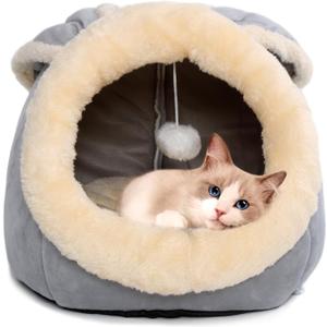 Cat Beds for Indoor Cats - Rabbit-Shaped Cat Cave Bed with Hanging Toy,Super Soft Calming Pet Bed for Kitten&Puppy,Small Dog,Warm Plush&Machine Washable&Removable Cotton Pad,cat Hideaway(Grey M)