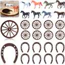 Junkin 24 Pcs Western Party Decorations Cowboy Centerpieces Mini Horse Figurines Small Metal Horseshoes Wagon Wheel Crafts for Cowboy Cowgirl Western Table Decorations Derby Party Decor Supplies