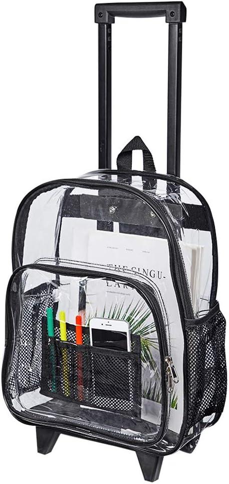 COVAX Rolling Clear Backpack, Heavy Duty See Through Bookbag, Transparent PVC Cold-resistant Backpack with Wheels (Black)