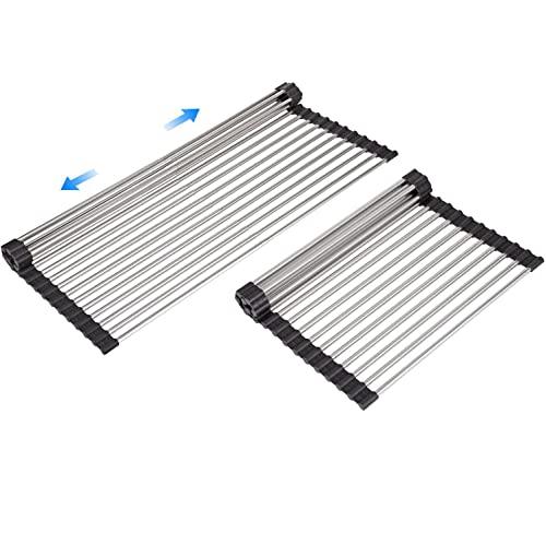 ARAINY Large Telescopic Drain Rack Roll Up Rack Heat-Resistant Dish Drainer Kitchen Sink Rack Over the Sink Dish Drying Rack Stainless Steel Dish Rack (18 Tube 21.25''x12.79'')