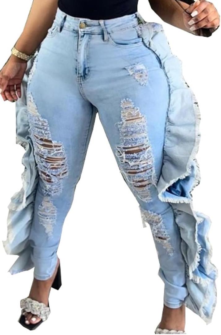 SperLucky Plus Size Jeans for Women Blue High Waisted Distressed Casual Jeans XXL