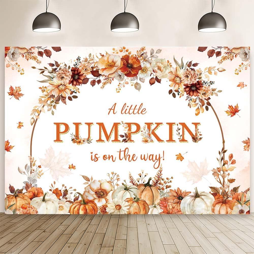 MEHOFOND 7x5ft Fall Pumpkin Baby Shower Banner Backdrop, a Little Pumpkin is on The Way Decor, Autumn Floral Pumpkin Baby Shower Photo Background, Maple Leaves Pumpkin Newborn Party Photo Supplies