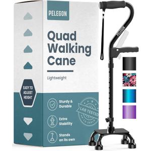 PELEGON Quad Cane (300LB) - Adjustable Walking Cane with A Large 4 Pronged Base for Extra Balance & Stability, Walking Canes for Seniors, Walking Cane for Men & Women, Walking Sticks