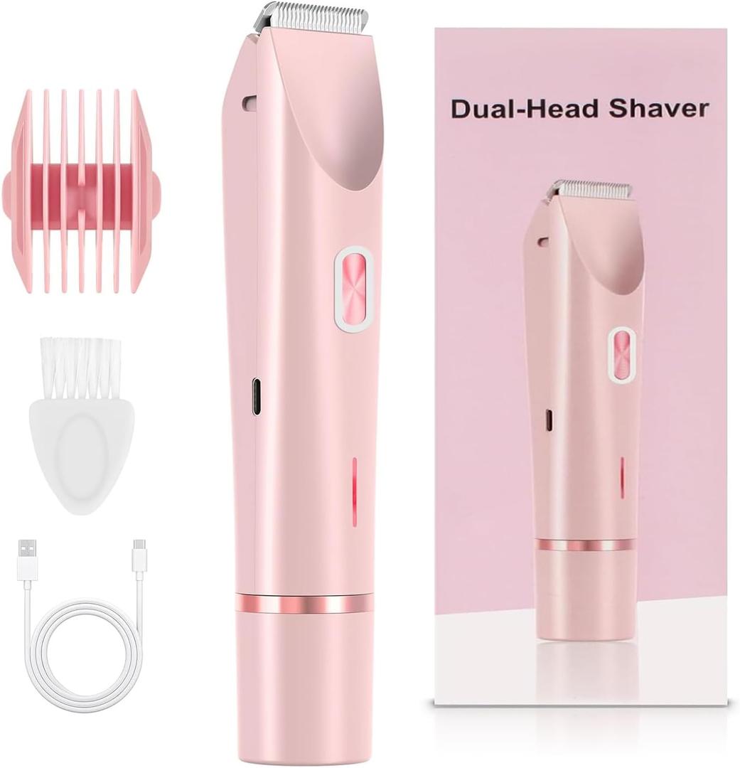 2-in-1 Bikini Trimmer & Electric Razor for Women: Painless, Waterproof & Cordless for Body, Face, Bikini Line | Ceramic Blades, USB-C Charging | Pink