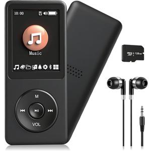 128GB MP3 Player with Bluetooth 5.2 Portable Multi-Function Music Player with HD Speaker, FM Radio, Voice Recorder, E-Book Slim Design Metal Shell (Earphones Included), Black