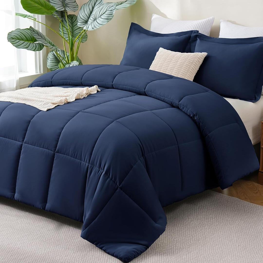 CozyLux Super King Plus Comforter Set, 270GSM Navy Blue Bedding Sets for All Seasons, 3 Pieces Box Stitched 128x120 Bed Set with 1 Down Alternative Comforter and 2 Pillow Shams, Soft, Lightweight
