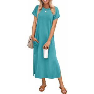 Wenrine Womens Summer Short Sleeve Maxi Dress Casual Loose Sundress Split Vacation Beach Long T Shirt Dress with Pockets, Small, Blue & Green
