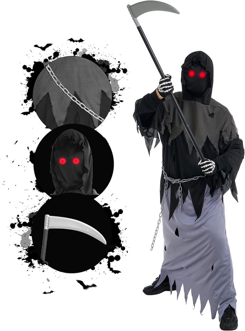 Kids Grim Reaper Costume with Glowing Red Eyes, Faceless Hood, Detachable Scythe, Long-Finger Gloves, Chain & Glasses Small