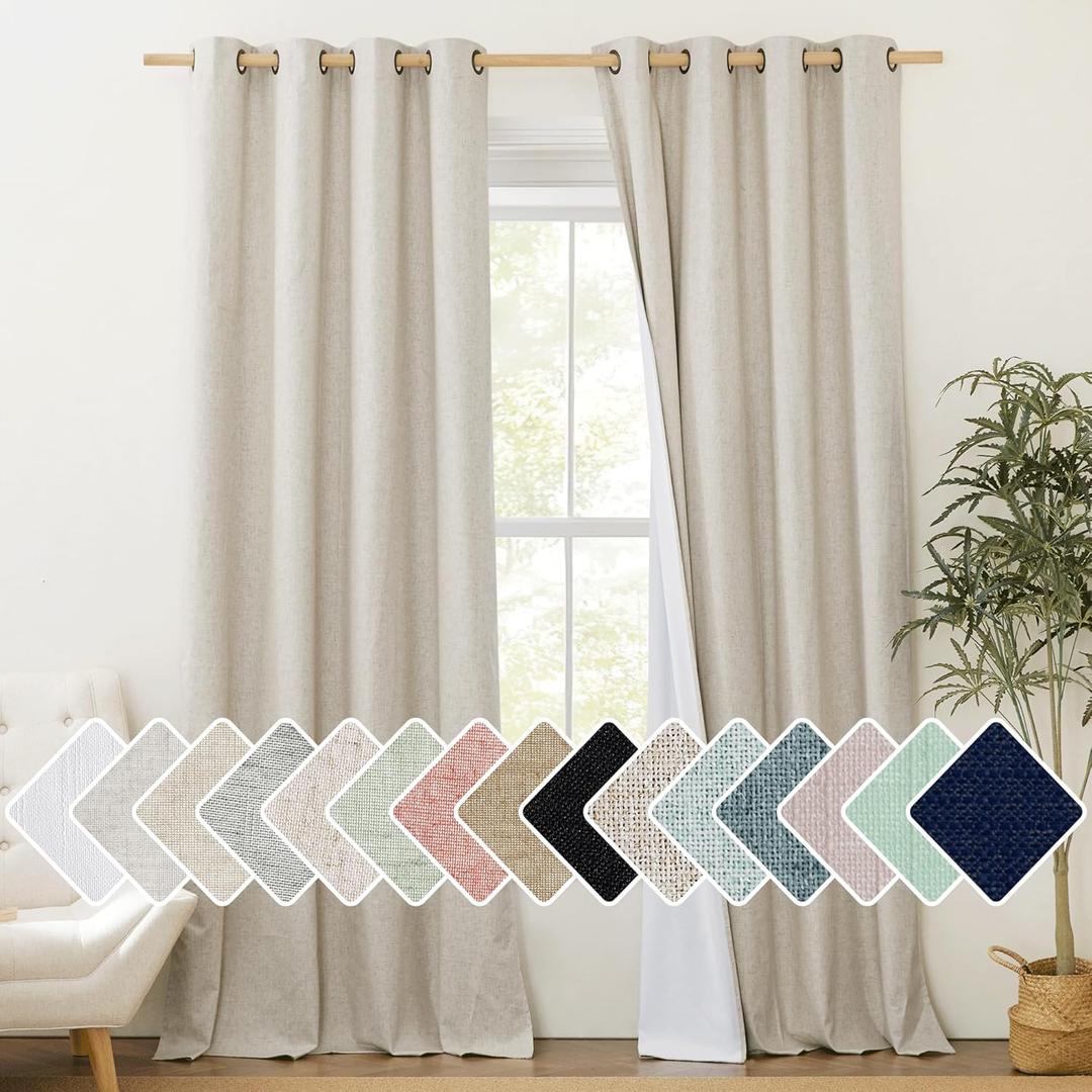 NICETOWN Farmhouse Style Keep Warm Large Window Draperies 108 inches Length with Thermal Insulated Liners, 2 Panels, 52" W, Full Blackout Natural Linen Curtains for Sliding Glass Door