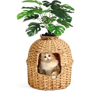 Cat Litter Box Plant Furniture Enclosure, Hidden Handwoven Rattan with Cat Litter Box and Artificial Plants, Odor Control Filter, Real Stones in Living Room, Bedroom, Corner Natural
