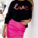 LEMAFER Women 2026 Merry Christmas Round Neck Sequin Letters Sweater Casual Solid Slogan Long Sleeve Pullover Sweatshirt Tops (Black, M)