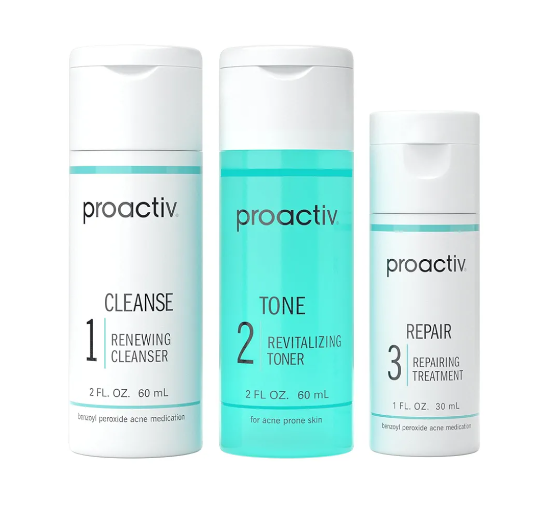 Proactiv 3 Step Acne Treatment - Benzoyl Peroxide Face Wash, Repairing Acne Spot Treatment for Face and Body, Exfoliating Toner - 30 Day Complete Acne Skin Care Kit