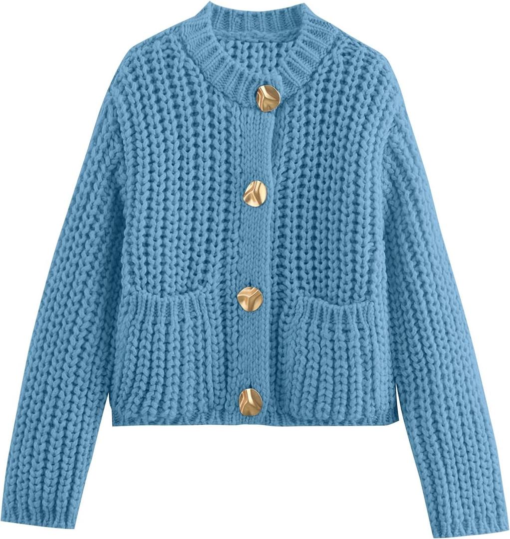 PEHMEA Women's Knit Cardigan Sweaters, Chunky Open Front Button Up Short Sweater Coats for Women Trendy (Blue, S)