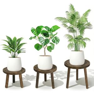 Wood Plant Stands Indoor, 3-Pack Single Plant Stand for 6-12 Inch Pots, Mid-Century Modern Plant Stool, Tall Wooden Plant Stand for Large Plants Perfect Fit for Living Room, Balcony, Office(Dark Brown)