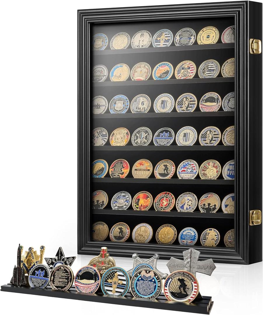 7 Rows Military Challenge Coin Holder Wall Display Case with HD Tempered Glass  Holds 100 Coins, Medal Display Cabinet Rack Shadow Box with Removable 2-Groove Shelves for Casino Poker Chips, Black
