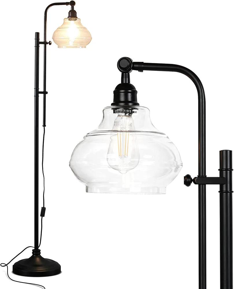 Brightech Austin LED Floor Lamp, Industrial Lamp for Living Rooms & Offices, Mid-Century Modern Standing Lamp with Adjustable Head, Tall Lamp with Rustic Glass Teardrop Shade for Bedroom - Black