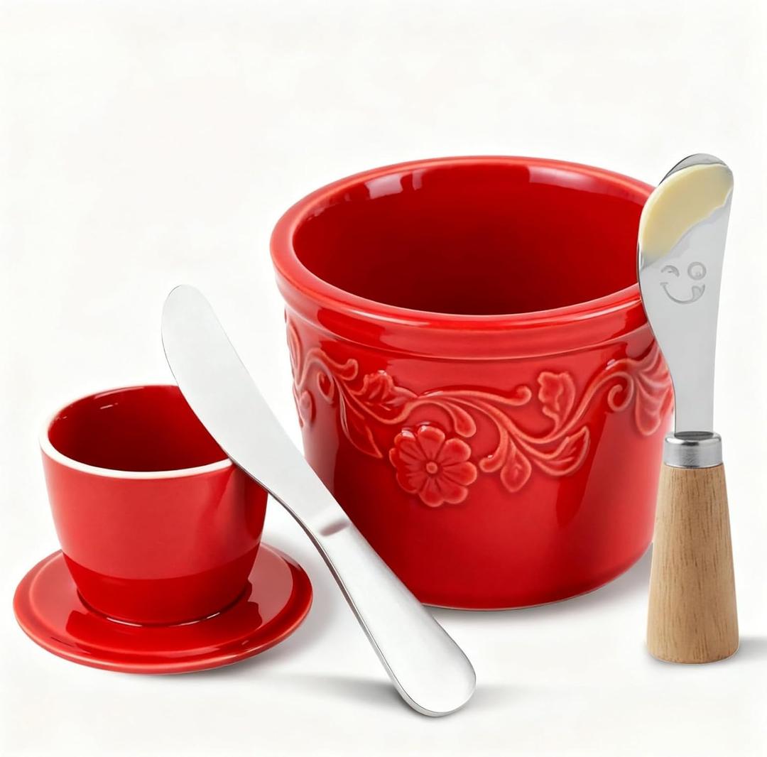 French Butter Crock with Water Seal - Countertop Porcelain Butter Dish Keeper for Soft Spreadable Butter - Classic Red | Includes Unique Standing Smiley Spreader Knife