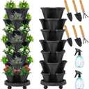 Umigy 2 Set of 7 Tier Vertical Planter Stackable Tower Planters Strawberry Herb Flower and Vegetable Pots Indoor Outdoor Gardening Pots with Removable Wheels and Tools(Black)