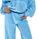 Womens 2 Piece Solid Velour Tracksuits Two Piece Velvet Lounge Outfits for Women, Long Sleeve Hoodie Tops Sweatsuits Casual Zip-Up Jacket Workout Pants Matching Set with Pockets, Sports Jogging Sets (Blue, S)