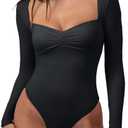 CHYRII Womens Sexy Square V Neck Bodysuit Tops Fall Fashion Long Sleeve Going Out Tops M